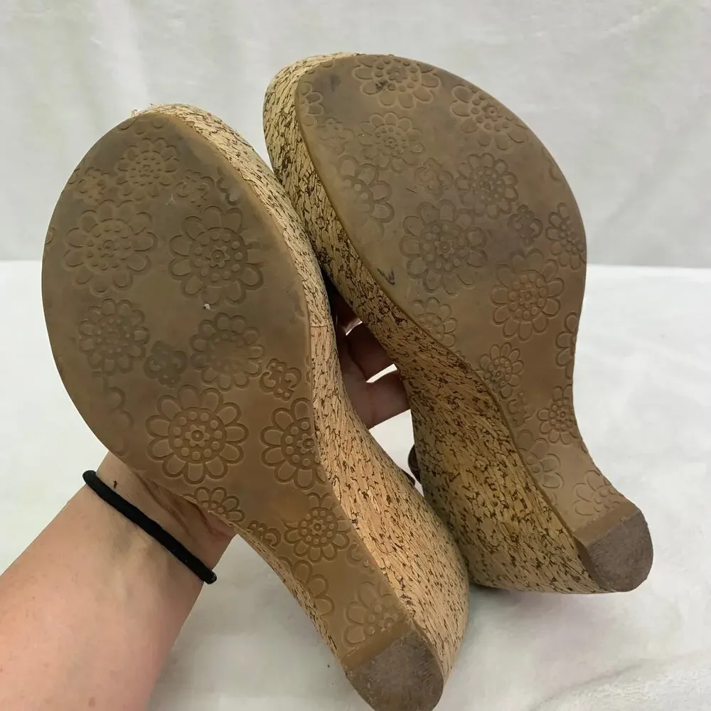Firecracker Womens Sz 6 Leather Wedge Platform Sandals Heels Brown Bow Slingback